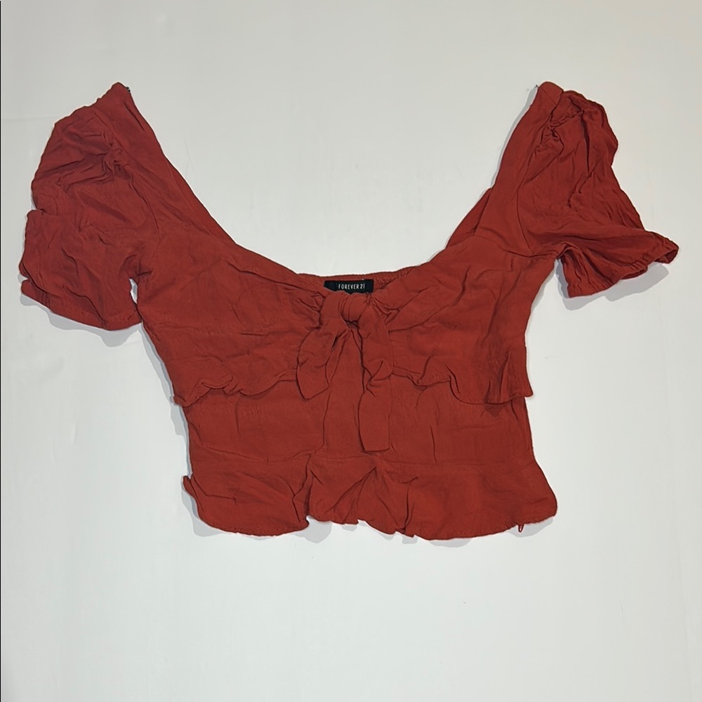 Forever 21 Red Puff Sleeve Crop Top Red Orange